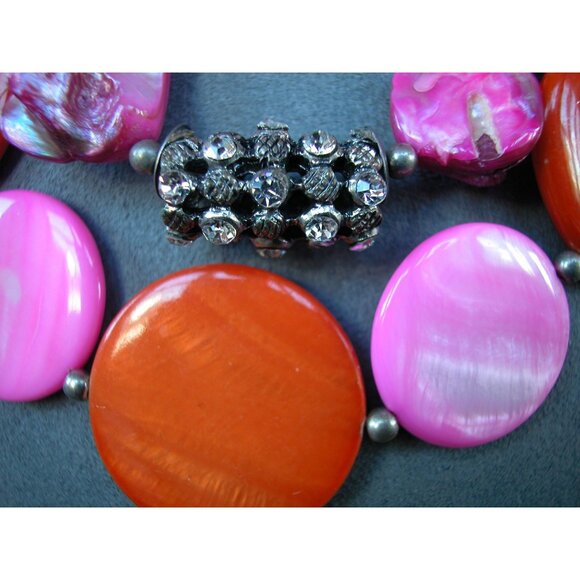 3 Strand Pink & Orange Shell Bead Necklace, Rhinestone Accents & Lobster Clasp - Picture 3 of 4
